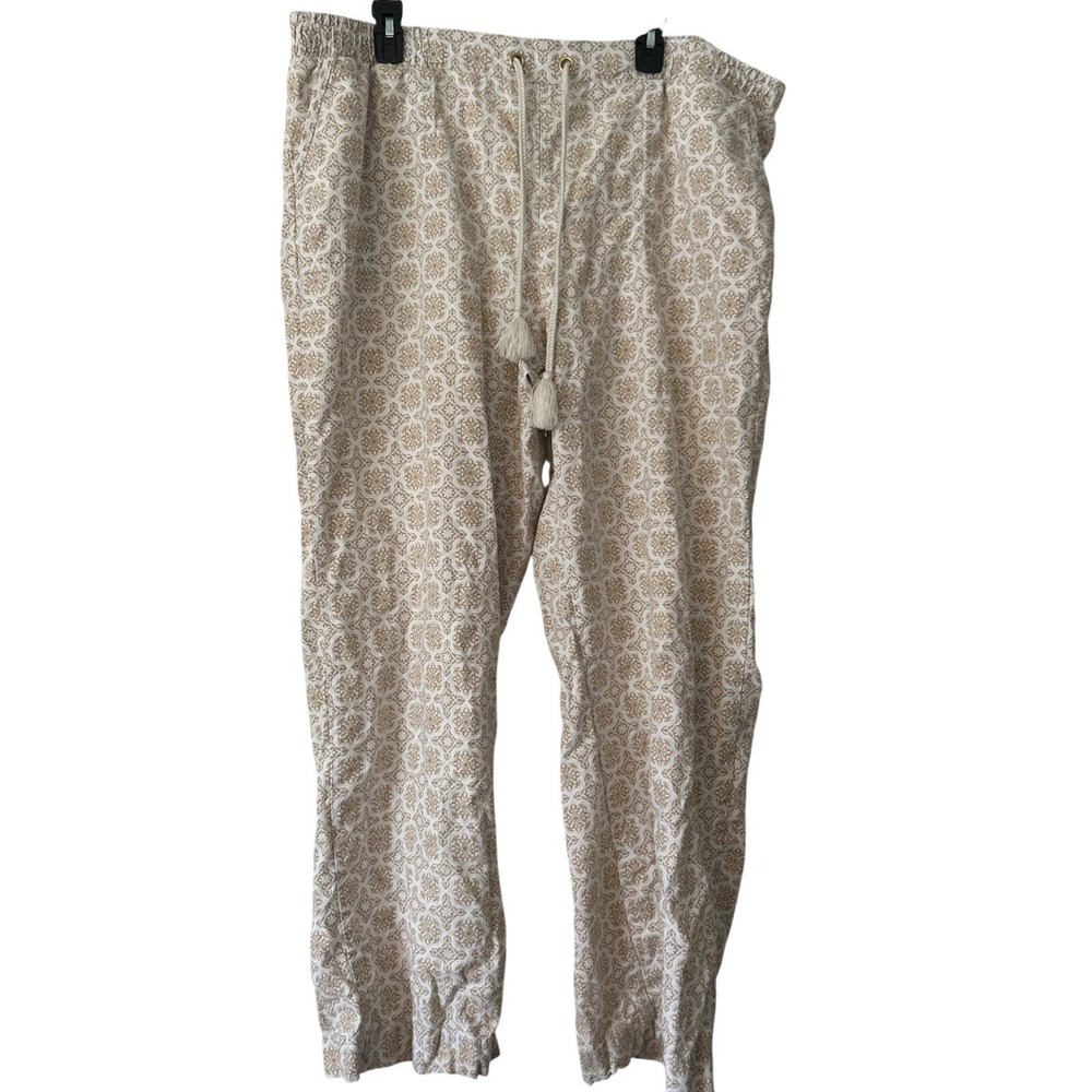 Linen Blend Medallion Print Pull On Pants Beige Cream Tassel Drawstring XL
